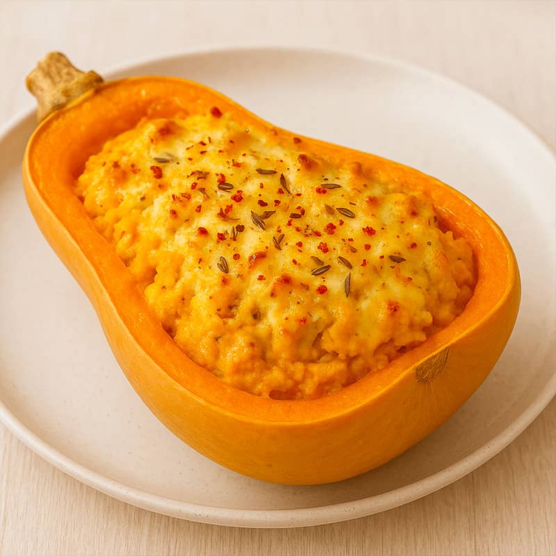 Butternut farcie au poulet, cumin et poivre rouge de Kampot par Nelly