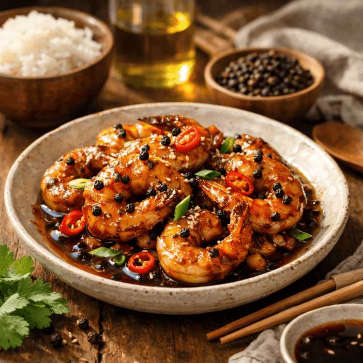 Crevettes sautées au poivre noir de Kampot et au caramel