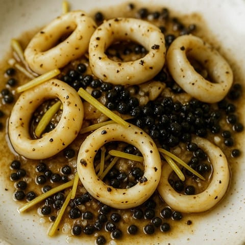 Calamars sautés au poivre frais, citronnelle et feuilles de combava
