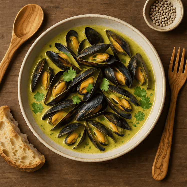 Moules au curry vert et poivre blanc de Kampot